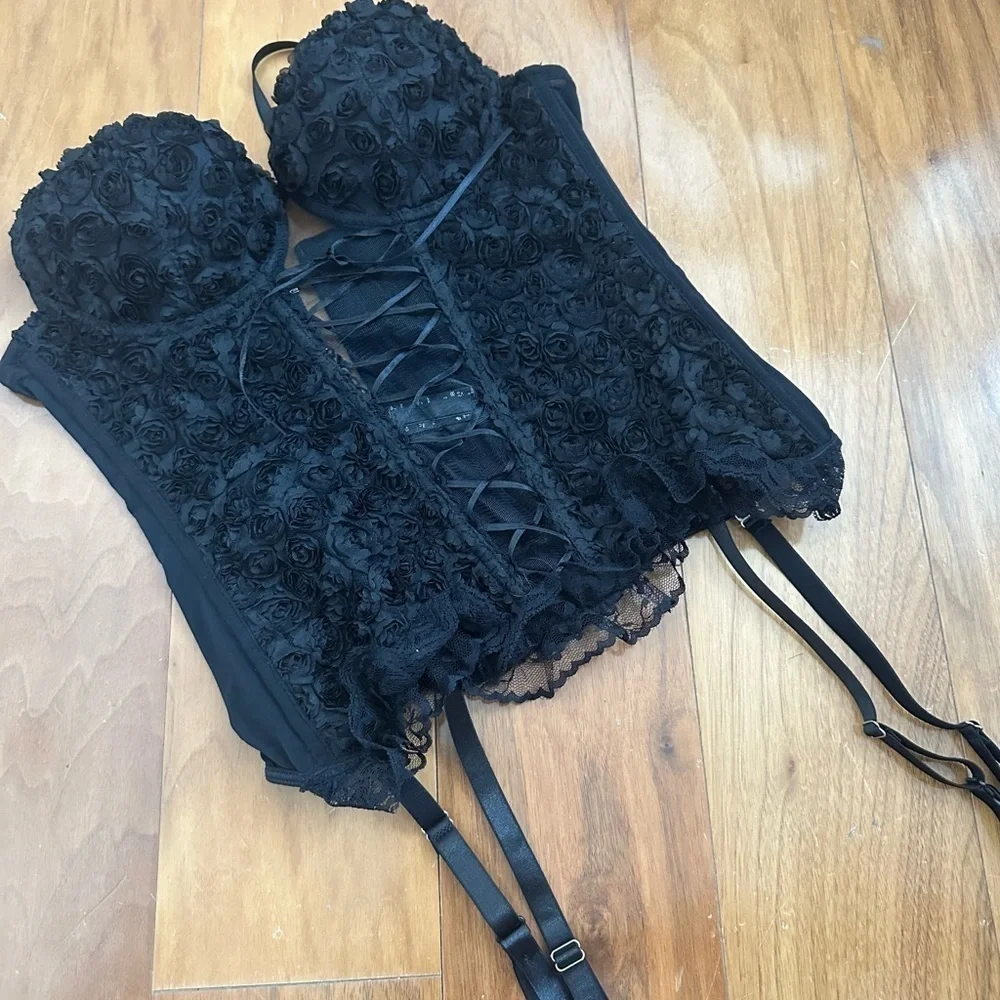 Rene Rofe Black Rose Corset w/ Garters | Sm